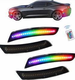 RGB LED Side Marker Lights for Che-vy Camaro 2016-2023, 16 Color & 4 Modes Front Rear Bumper Lamps Smoked Lens, Waterproof RGB Side Marker Lamps with 