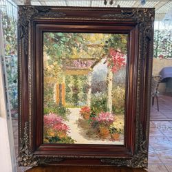 Hand Carved Frame Art Impressionist Oil Painting of Colorful Mediterranean Flower Garden Courtyard 