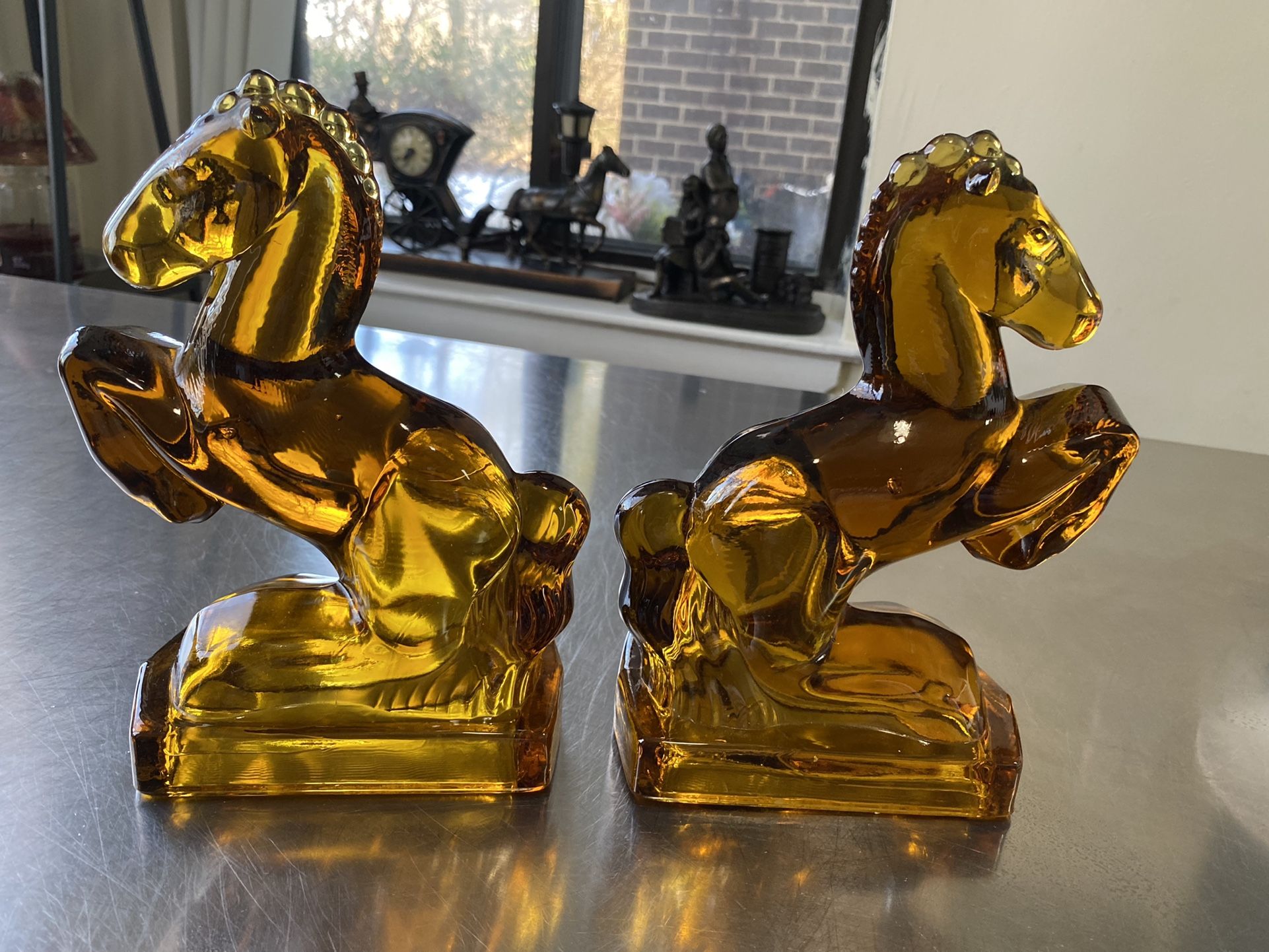 Vintage amber glass horses bookends 