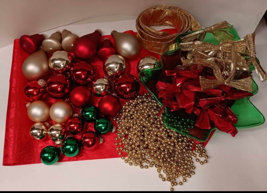 Christmas tree balls, bows, beaded garland, table runner and candy dish $8 FIRM