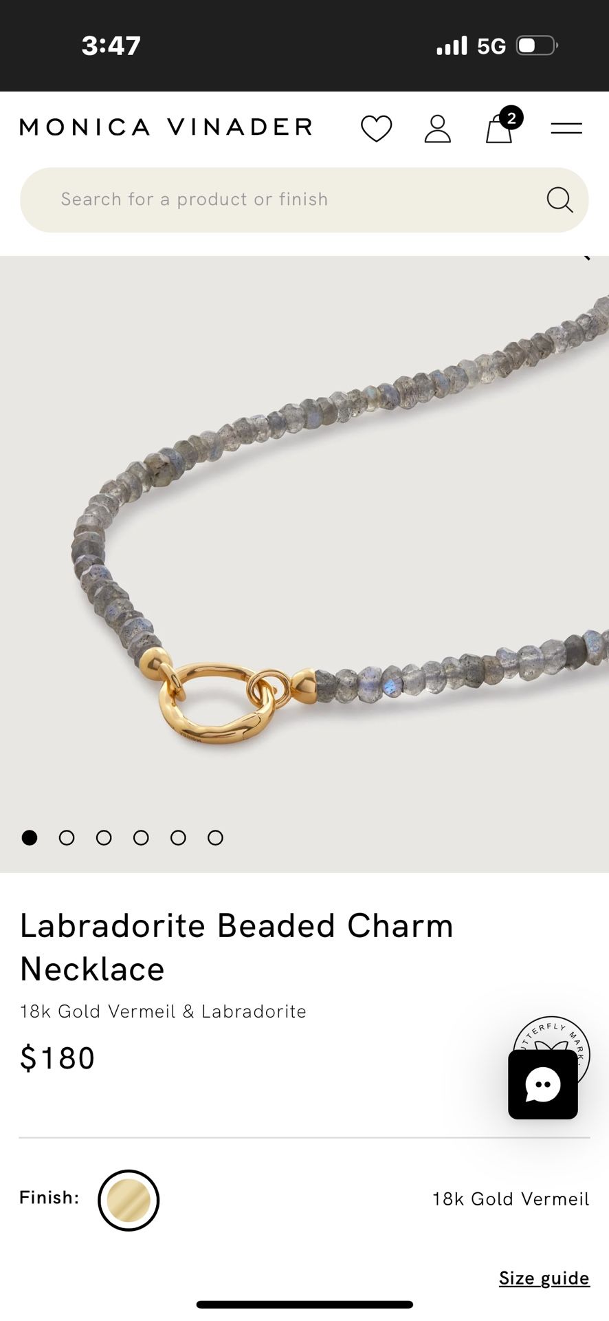 Monica Vinader Labradorite Beaded Charm Necklace 18k Gold Vermeil & Labradorite