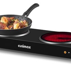 CUSIMAX Double Burner, 1800W Electric Burner Ceramic Hot Plate for Cooking, Dual Control Infrared Burner, Glass Plate Electric Cooktop, Stainless Stee