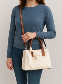 Elegant Cream Textured Handbag with Scarf Accent & Adjustable Strap
