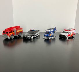 police car, fire truck, ambulance , police helicopter