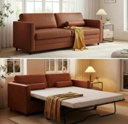 Queen faux leather pullout bed sofa couch w/6in memory foam w/bedding set MUST GO BY JULY 9TH