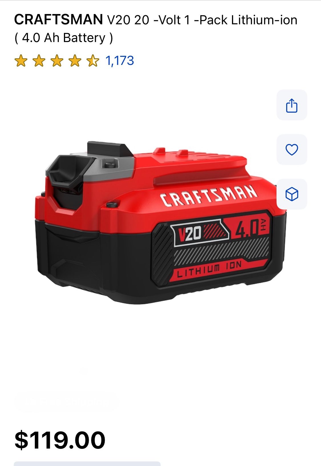 CRAFTSMAN V20 20 -Volt 1 -Pack Lithium-ion ( 4.0 Ah Battery )