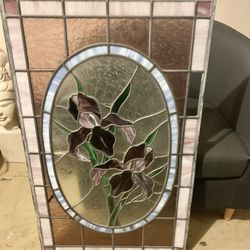Large Window Stain Glass, Pretty Design See Little Crack In Picture And Missing One Small Piece Right Side