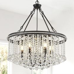 New 21.6” W 6-Light Black Crystal Chandelier Contemporary Luxury Round Pendant Adjustable Height 