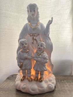 French White Porcelain With Gold Accents Madonna With Two Children Figurine Statue