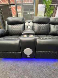 ❄️💥Brand New Luxury Leather Black Recliner Sofa W/ LED Lights, BT Speakers, Cup Holders • Pay After Delivery 🚚
