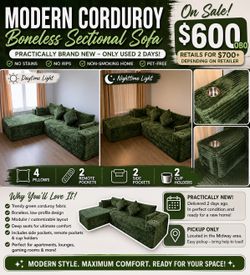 108” Green Corduroy Modular Sectional – Like New