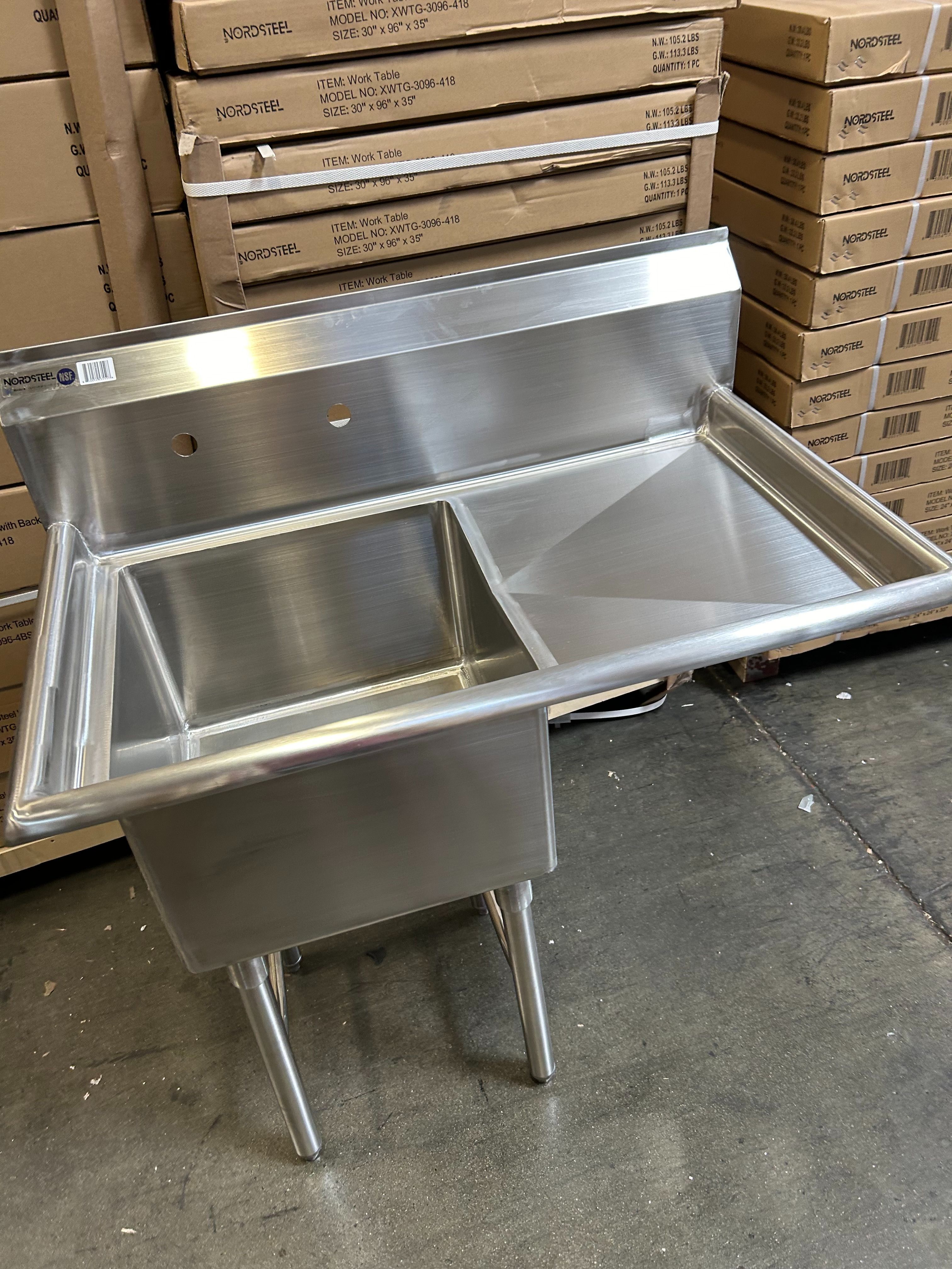 Prep sink NSF Nordsteel stainless commercial sink with right drainboard
