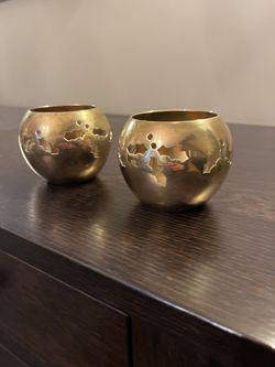 Pair Vintage Brass TeaLight Holders Christmas Holly Berries Cutouts