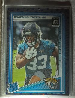 2025 Panini Donruss Optic Rated Rookie Bhayshul Tuten of the Jacksonville Jaguars color match card, Stars parallel insert.