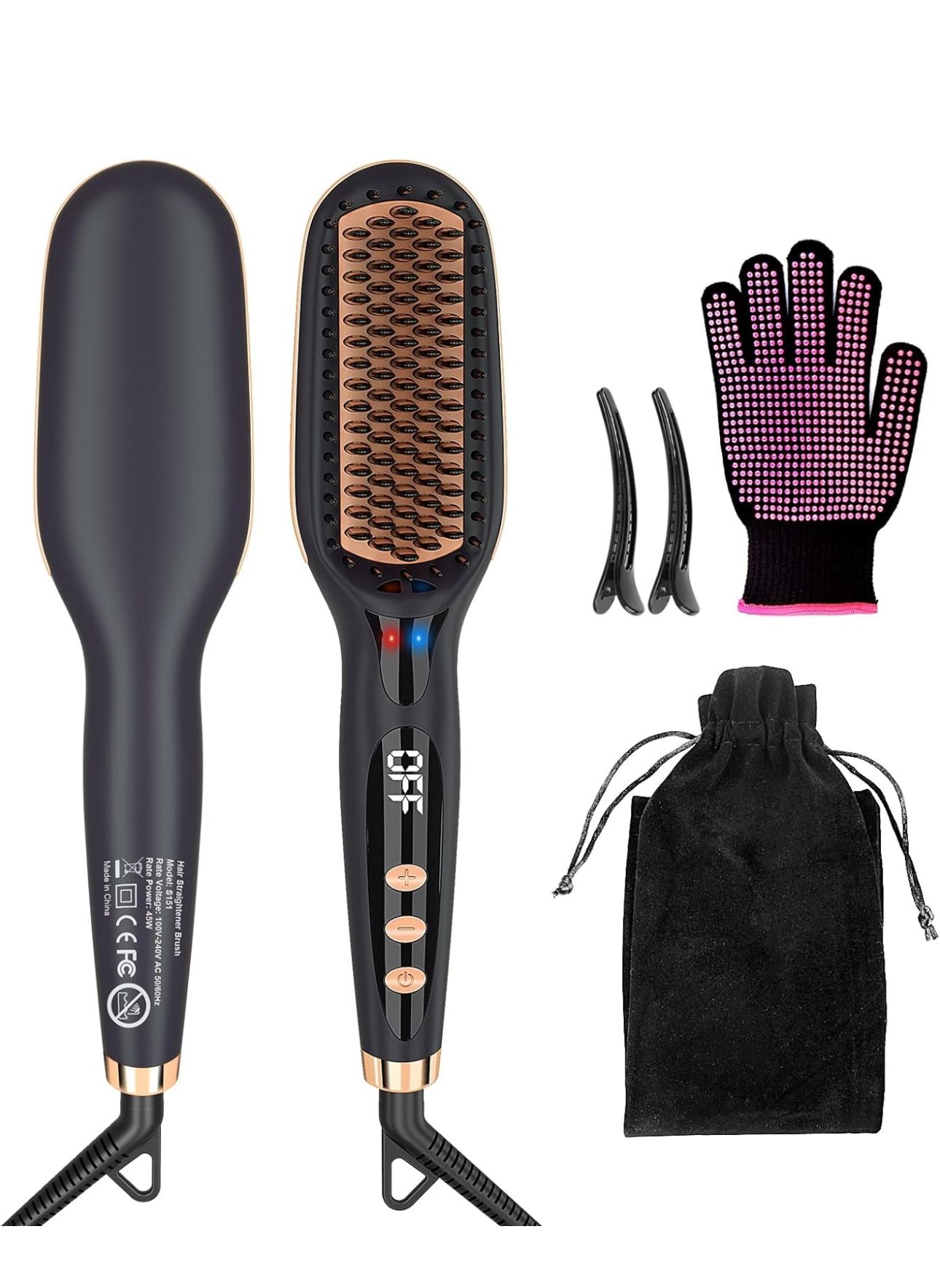 Hair Straightening Brush Straightener: Negative Ion Ceramic Heated Hot Brush for Smooth Frizz-Free Hair - Dual Voltage 100-240V & 12 Temp Settings 250