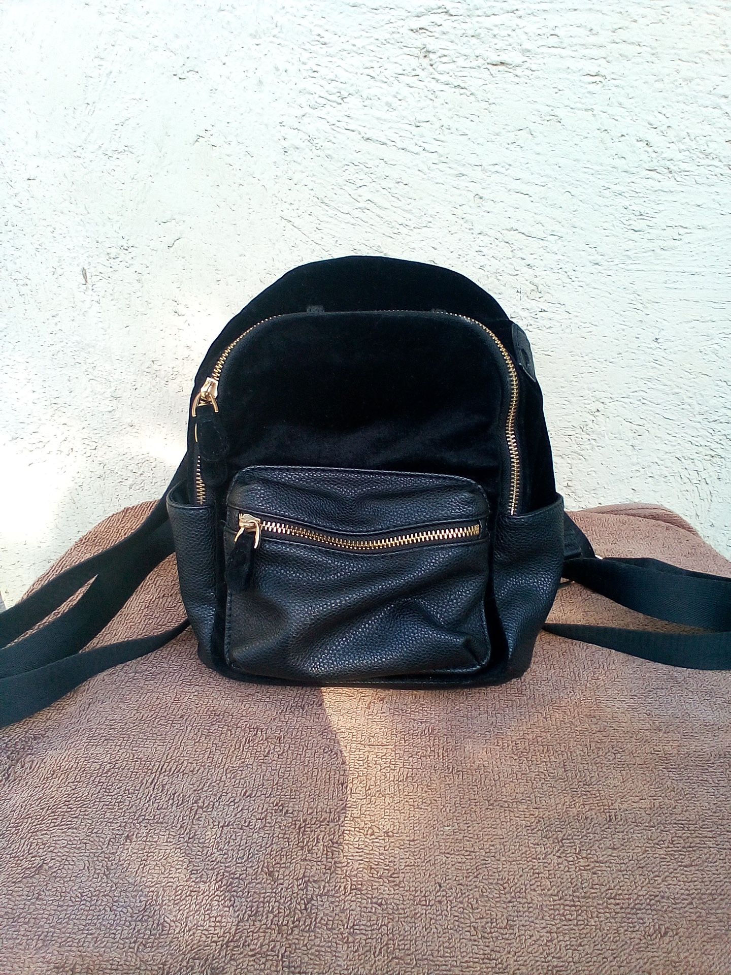 Black Leather And Velvet Mini Backpack Purse