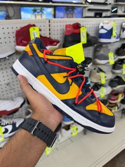 NIKE DUNK LOW OFF-WHITE UNIVERSITY GOLD MIDNIGHT NAVY MEN’S SNEAKERS SIZE 11 USED WITH BOX