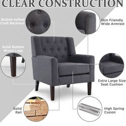 Accent Chair- Living Room Chairs Modern Linen Fabric Comfy Reading Armchair for Bedroom Small Spaces Apartment Office Grey