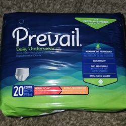 Prevail incontinence daily underwear. Fits 34-46"  waist.  I have 11 packs at $4 each, or all of them for $40. 
Brand new, 20 units in each pack. 