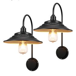 Solar Barn Lights Upgrade, 2PCS Waterproof Wall Light Fixture, Rustic Vintage Metal Gooseneck Solar Wall Mount Lights with Gold Interior, for Outdoor 