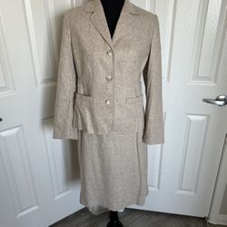 🤎 Vintage Ann Taylor Loft 2 pc Tan Wool Tweed Skirt Suit Size 8 Petite