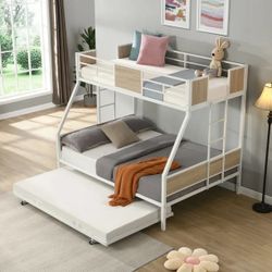 Twin Over Full Metal Bunk Bed with Trundle 2-Side Ladder 