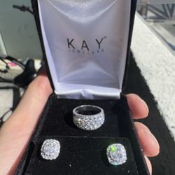 14k White Gold Diamond Earrings & Ring