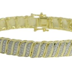 Natural Diamond Wave Link Bracelet Sterling Silver 14k Overlay 