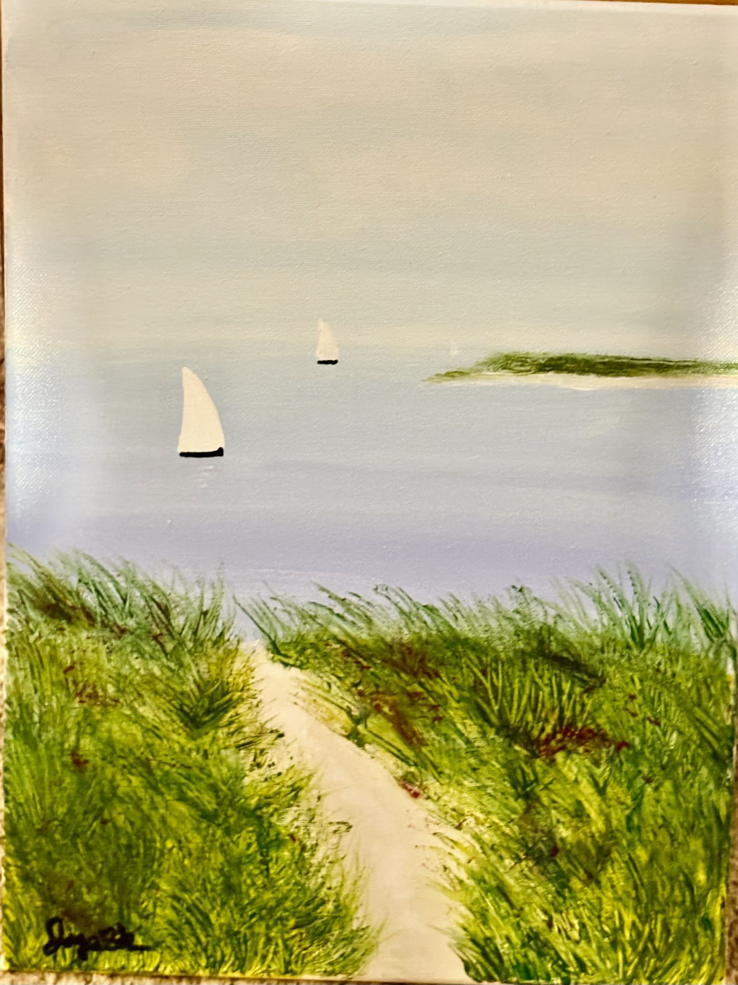 Sails By The Beach With Flowers Original Acrylic Painting