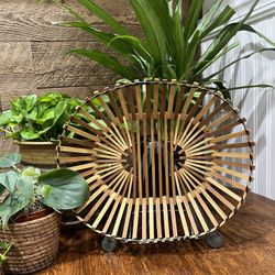Bamboo Basket Wall Display Trinket Tray Organizer Catchall Brown Black Boho Vintage Woven 