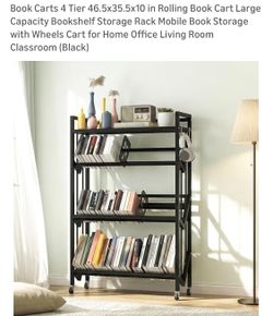 4 Tier 46.5x35.5x10 in Rolling Book Cart Large Capacity Bookshelf (z10)