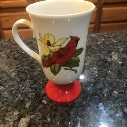 Vintage Old Bone China Coffee with a pretty red Cardinal bird design.  Fred Roberts.  With a pedestal base.  Size 5 1/4 inches tall and 3 inches wide 