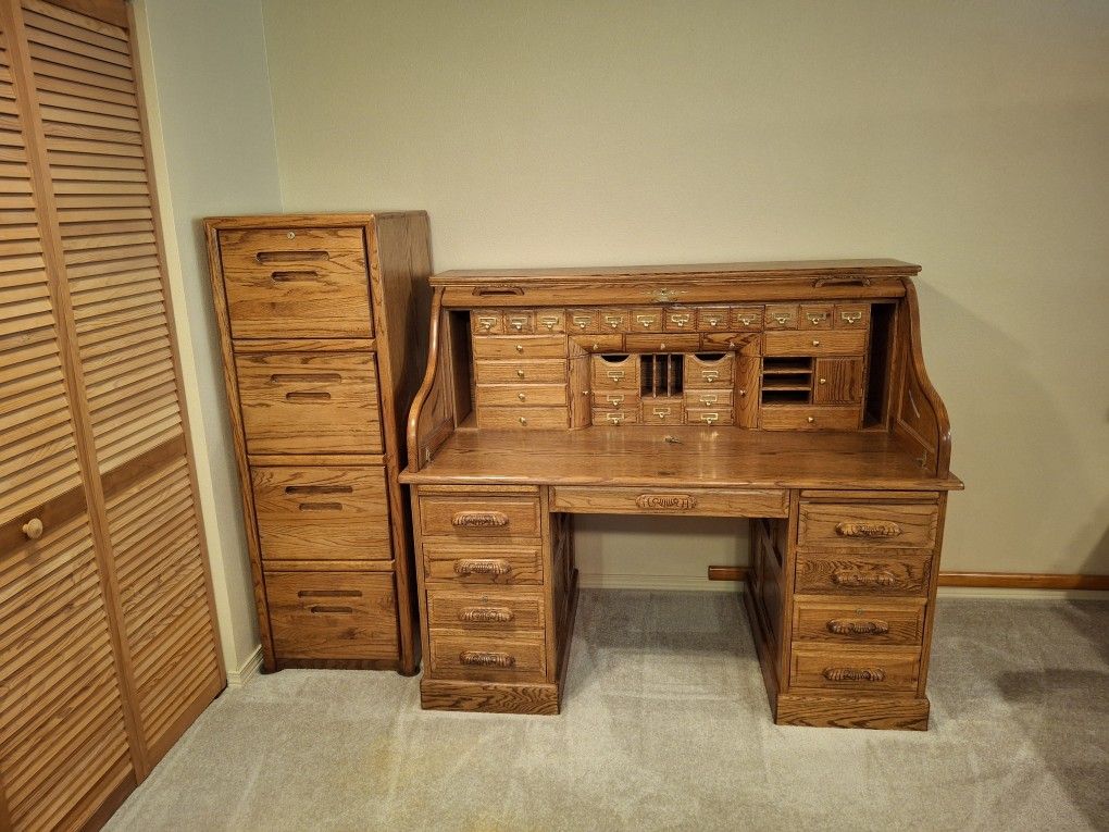Oak Roll Top And File Cabinet