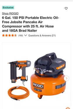 Shop RIDGID 6 Gal. 150 PSI Portable Electric Oil-Free Jobsite Pancake Air Compressor with 25 ft. Air Hose and 18GA Brad Nailer