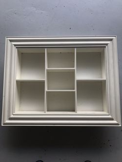 Floating display shelf, hung vertically or horizontally, white