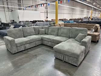 🎪  Sectional Sofa Bed with Storage Chaise, Fog Gray Corduroy Fabric, Pull-Out Sleep, New in the Box.