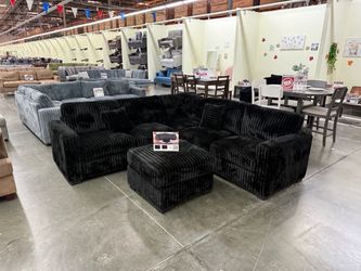 Black Corduroy Sectional Sofa with Ottoman