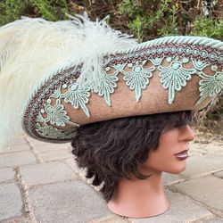 Pirate Hat Bicorn Brown with Mint/Turquoise Venetian Lace, and White Ostrich Feathers for Renaissance Festivals