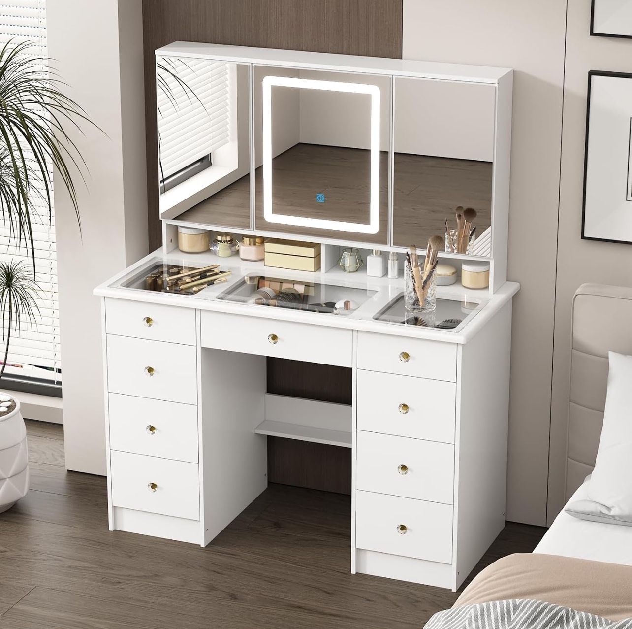 FUFU&GAGA Vanity Desk with Mirror and Lights, Large Makeup Vanity with Glass Top, Modern Dressing Table with 9 Drawers & Hidden Shelves for Bedroom, W