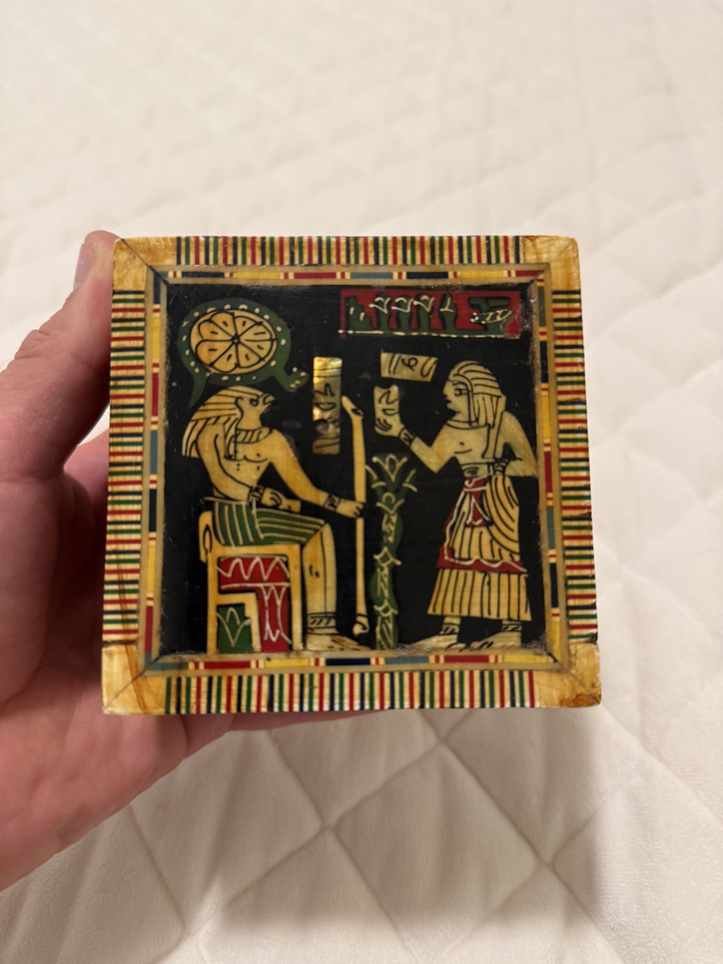 Antique Egyptian themed casket with seashell mosaic wood inlays