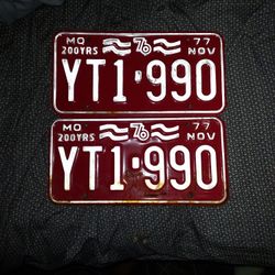 Vintage Bicentennial Missouri License Plates 1977, Number Yt1-990 Set Of 2