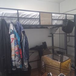 Afuhokles Loft Twin Size Bed with Desk,   Metal Loft Bed Frame with Fabric Drawers and Shelves, Black