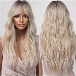 Human hair blend ombré blonde layered wave wig