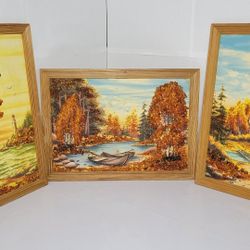Framed Vintage Handmade USSR Soviet Amber Landscape Arts 9.5"×13" Set of 3