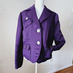 Purple Eggplant Long-Sleeved Polyester/Nylon Blend Quilted Casual Form Fitting Dress Jacket with Pockets and Decorative Silver Toned Buttons by Harve 