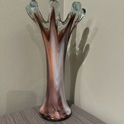Vintage 8-Finger Swung Glass Vase with Multicolor Swirl Design