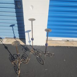 Wrought Iron & Cobalt Blue Glass Floor Candle Holders - Set of 3