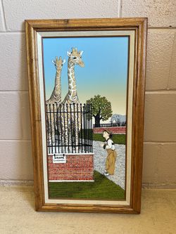 vintage framed canvas print by artist H. Hargrove, titled "Boy Watching Giraffes (Camelopardalis) at the Zoo"