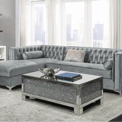 BUNDLE DEAL  velvet glam left chaise With Storage Sectional Tufted with Nailhead trim WITH mirrored Crystal Accent coffee table 