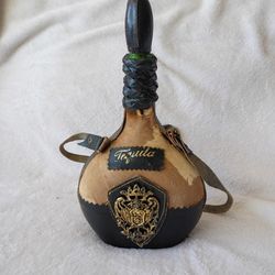Vintage Leather & Cowhide Wrapped  Decanter Green Glass Bottle